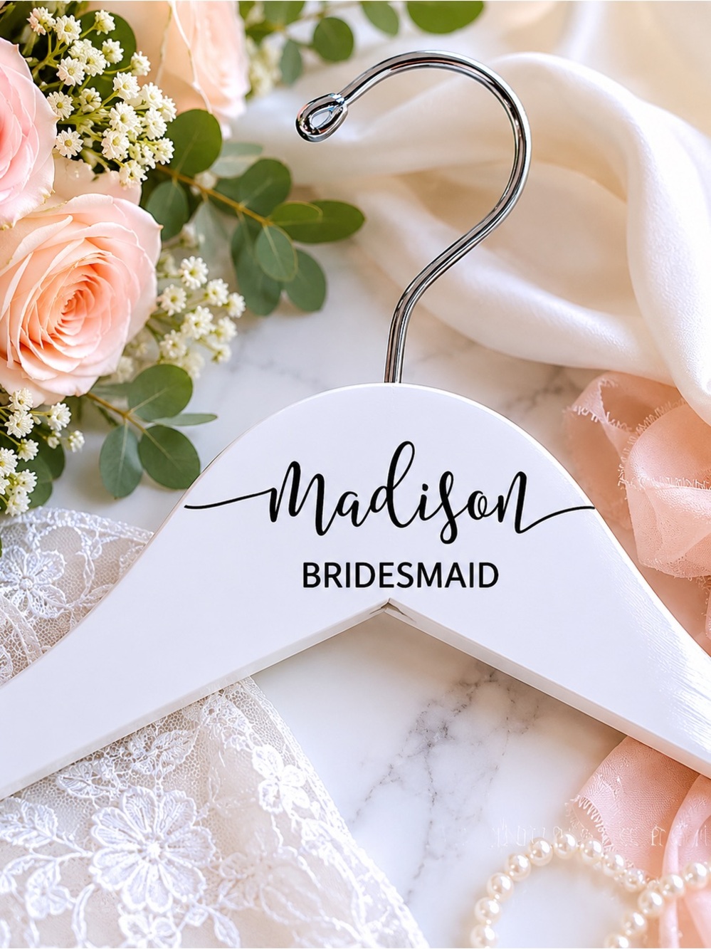 Personalized Bridesmaid Hanger Madison White Wooden Wedding Dress Hanger